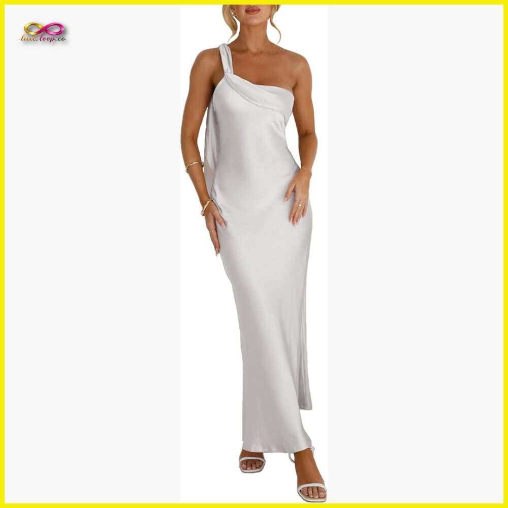 Satin Maxi Dress Elegant Formal Backless One Shoulder Ruffle Wedding Guest